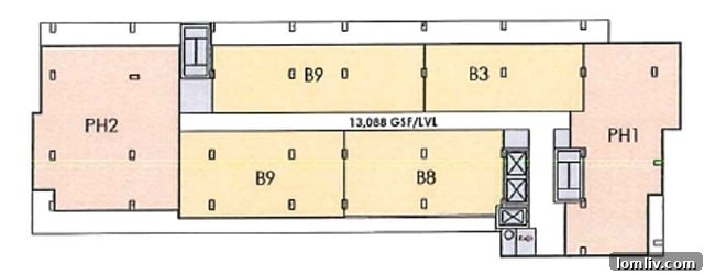 Penthouse Level Floor Plate, showcasing more expansive and luxurious balconies.