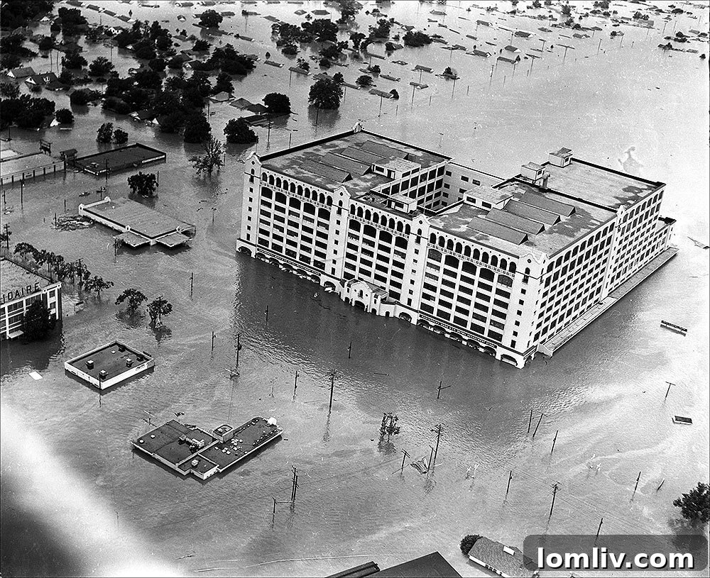 Aerial view of the Montgomery Ward Building during the 1949 Fort Worth flood