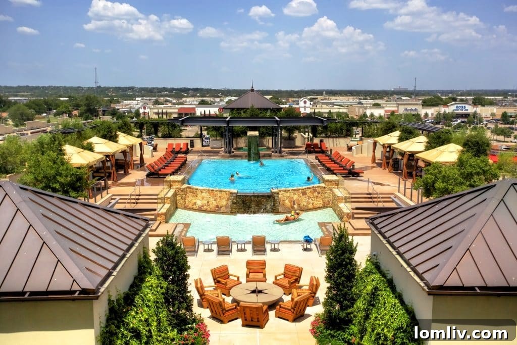 Luxurious rooftop swimming pool and cabanas at Montgomery Plaza