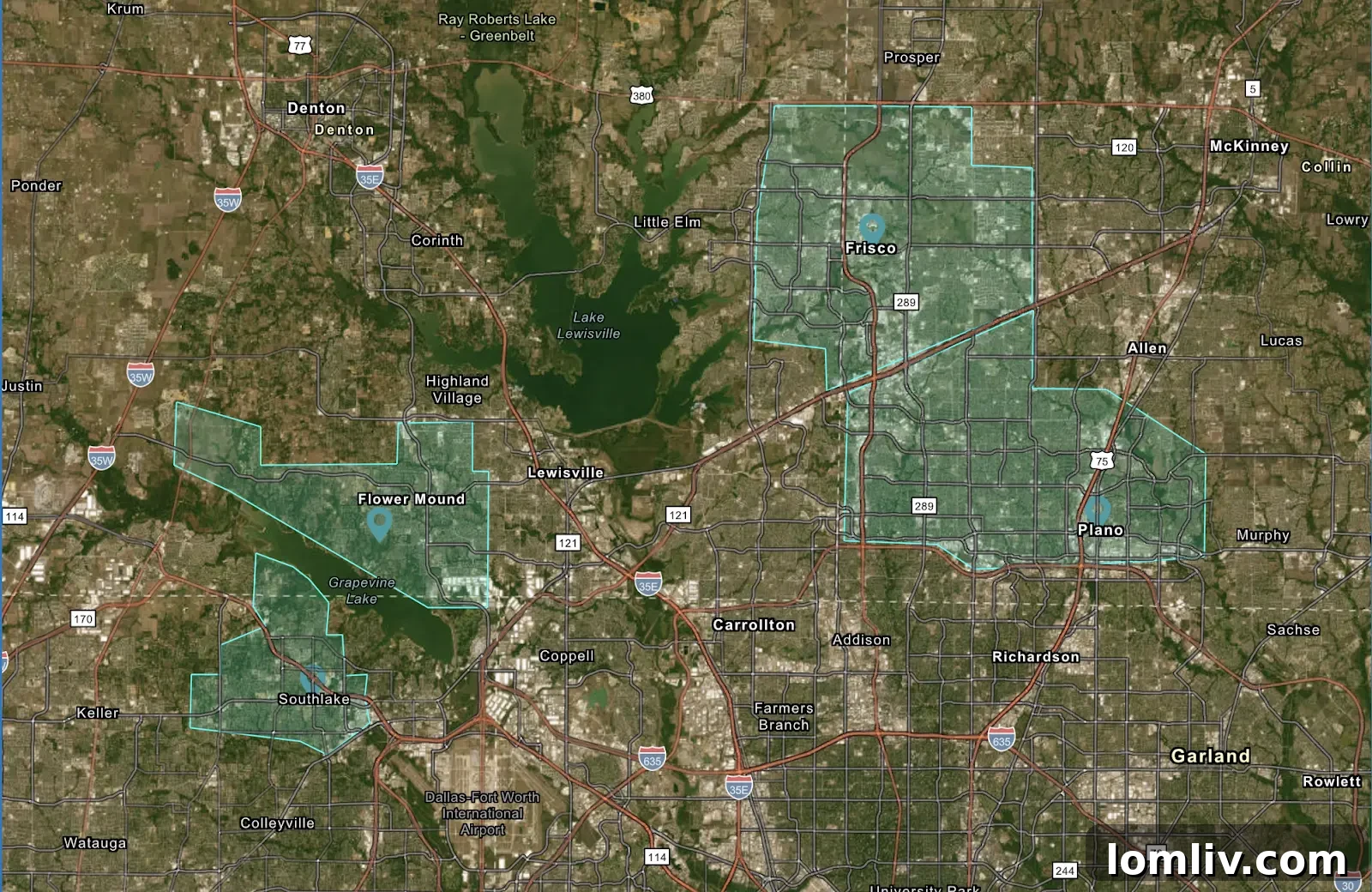 Satellite view of Flower Mound, Frisco, Plano, and Southlake