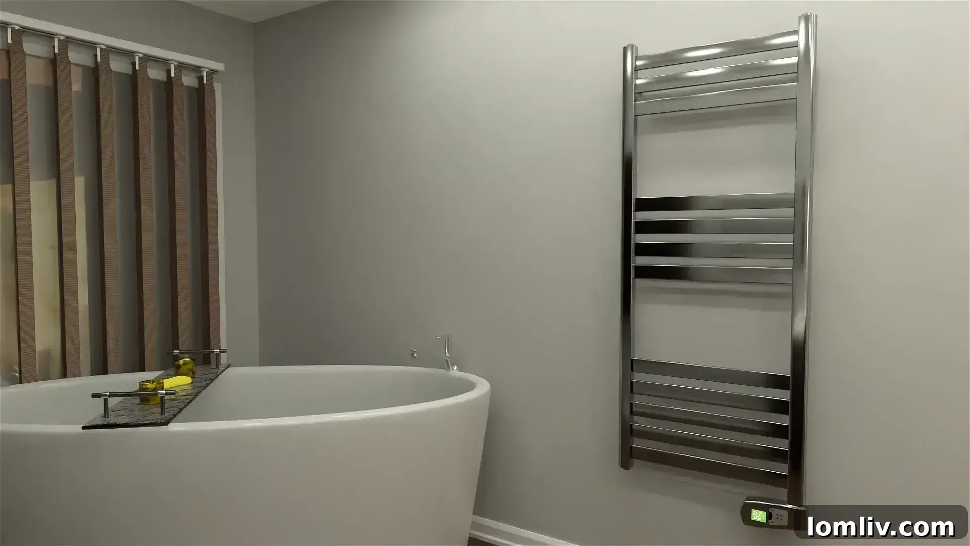 Modern bathroom with a sleek electric towel rail holding two fluffy towels