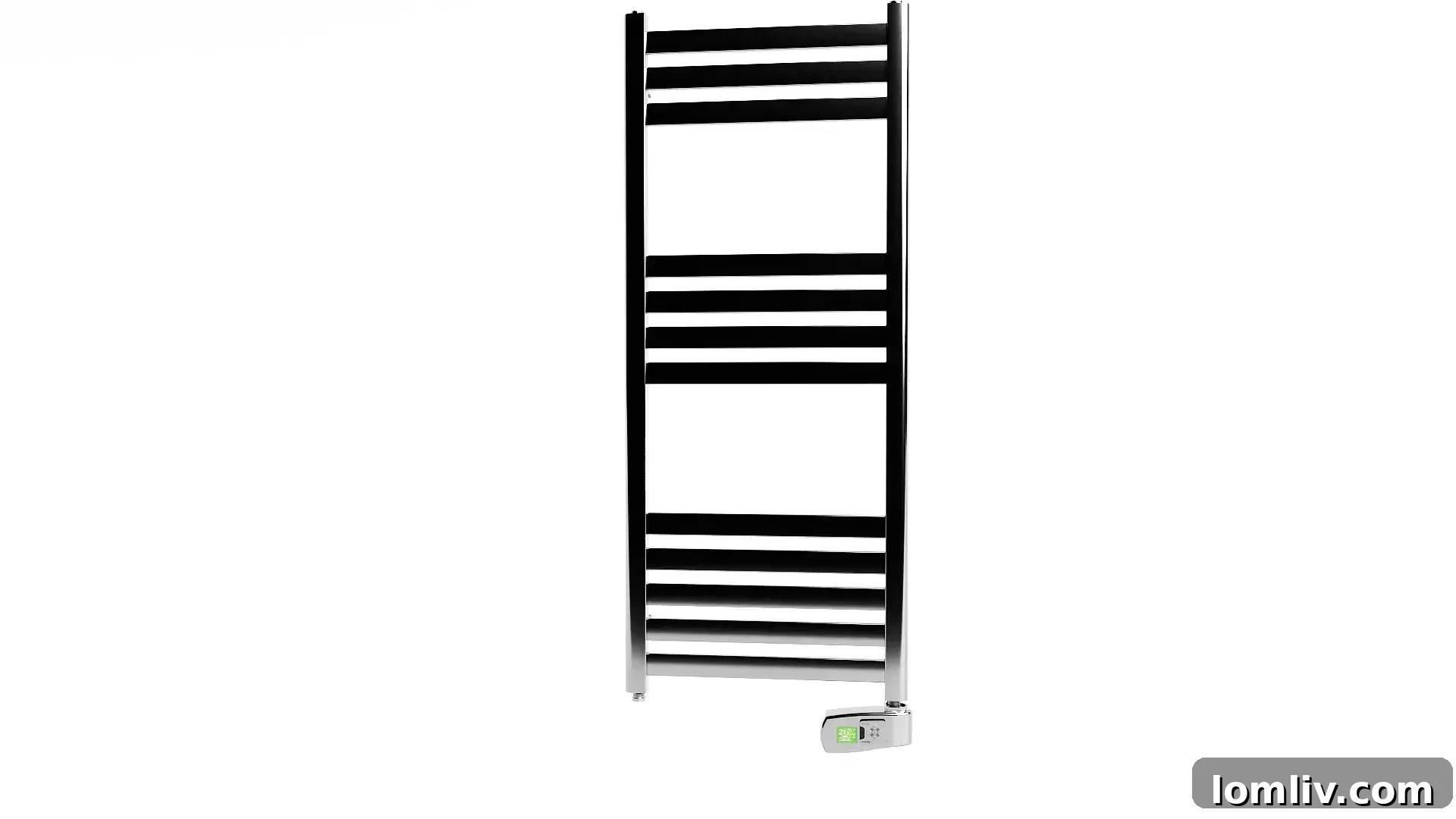 Various sizes of electric towel rails displayed in a modern showroom