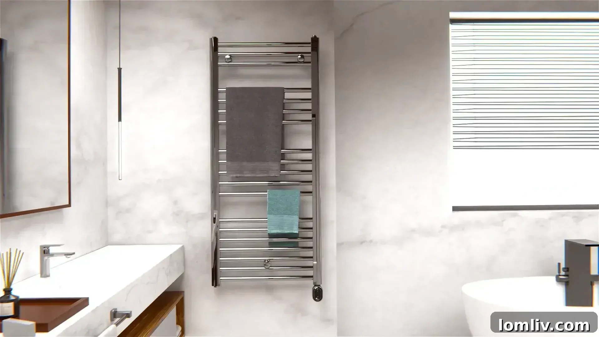 Bathroom setting with an energy-efficient electric towel rail and smart home controls