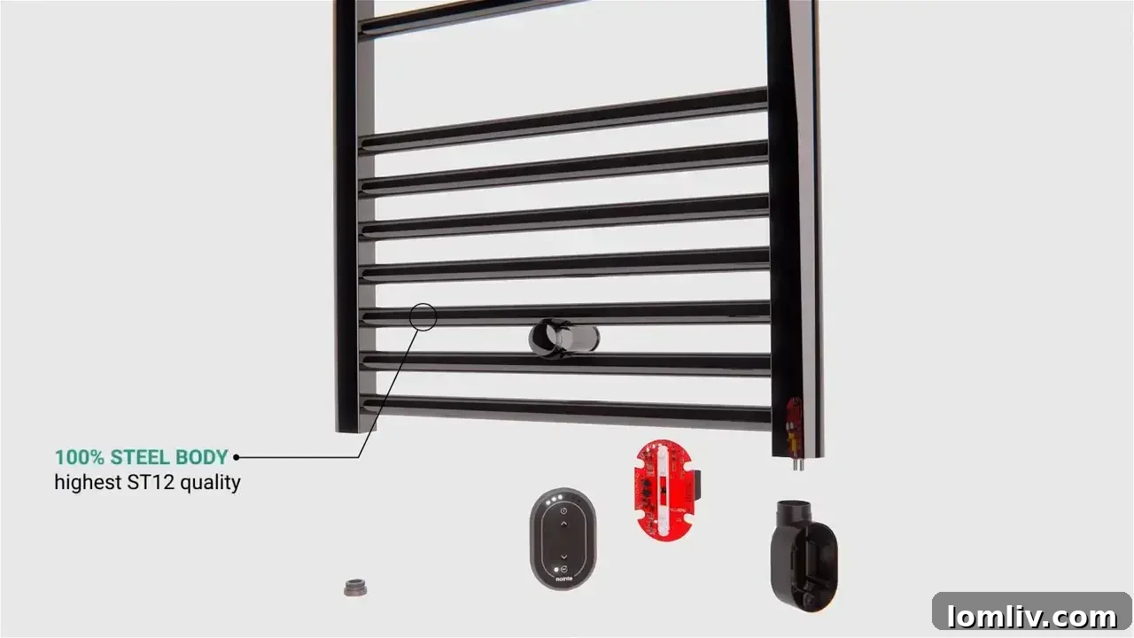 Close-up of a brushed stainless steel electric towel rail showing texture