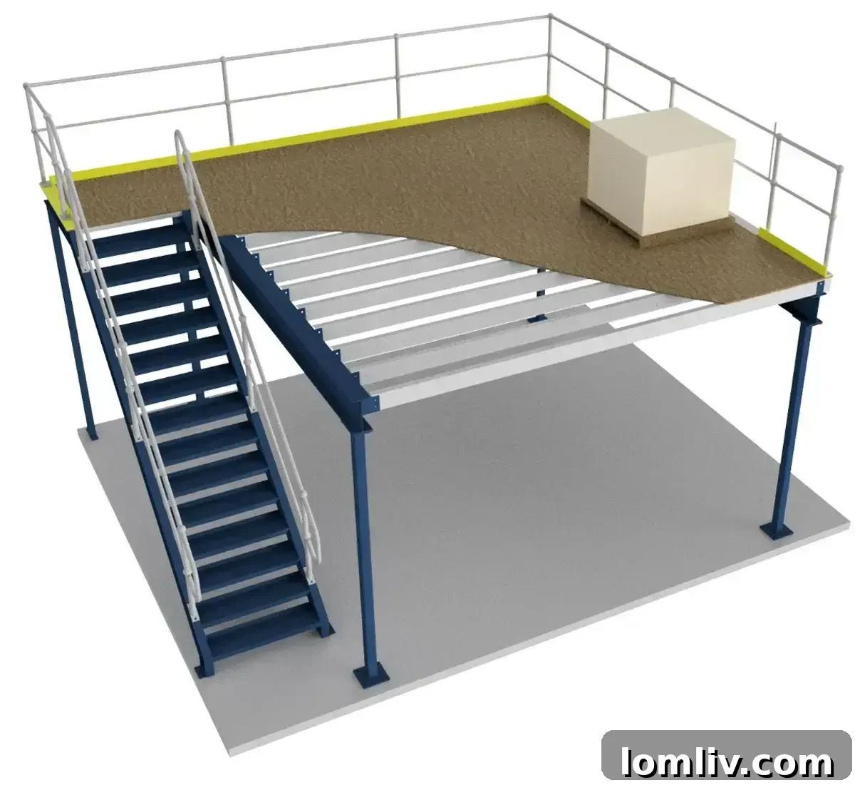 A modern prefabricated mezzanine floor installed in a commercial space, showcasing its seamless integration and increased storage capacity.