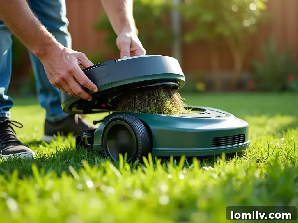Robotic lawn mower being cleaned by hand