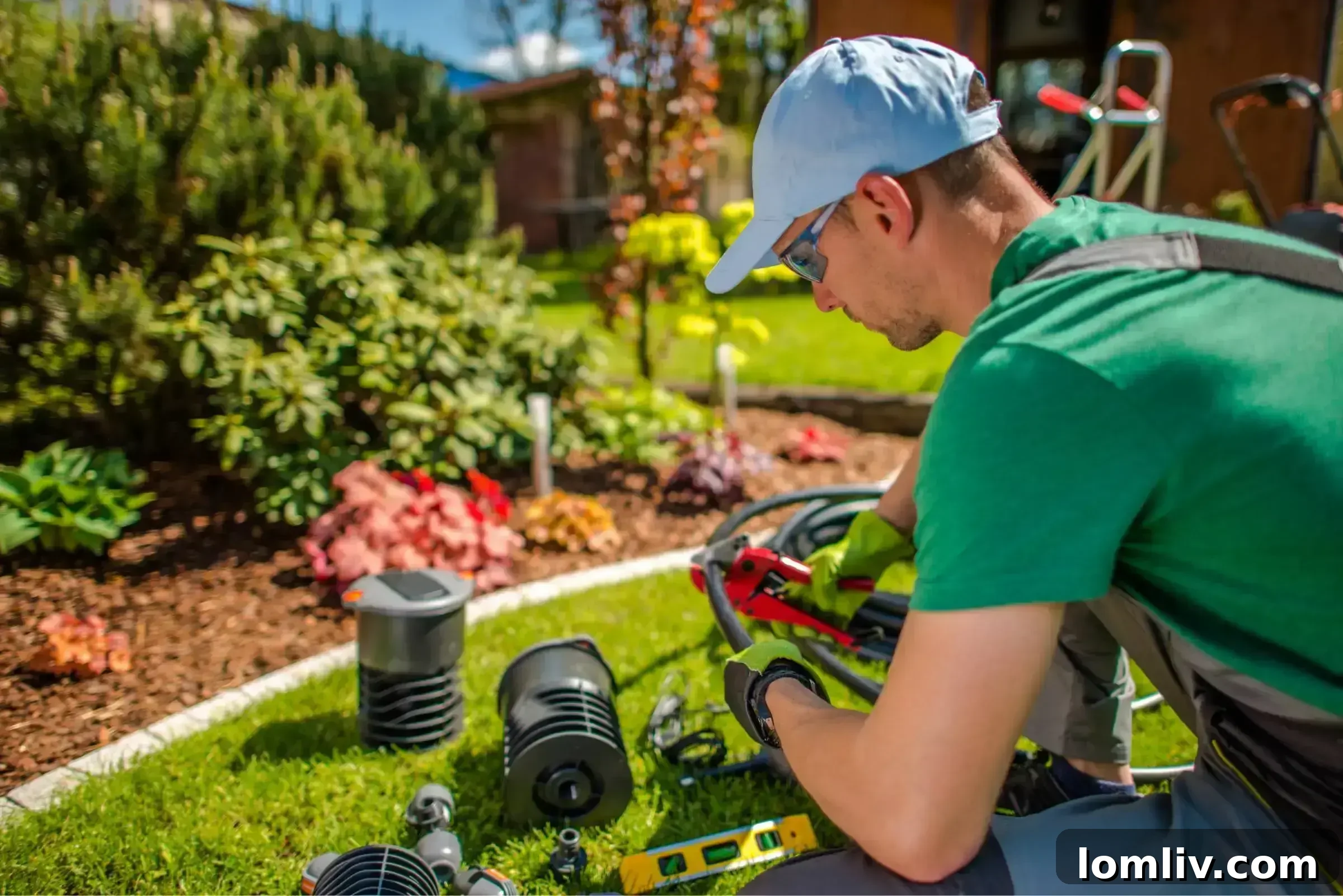 Professional irrigation technician inspecting a sprinkler system