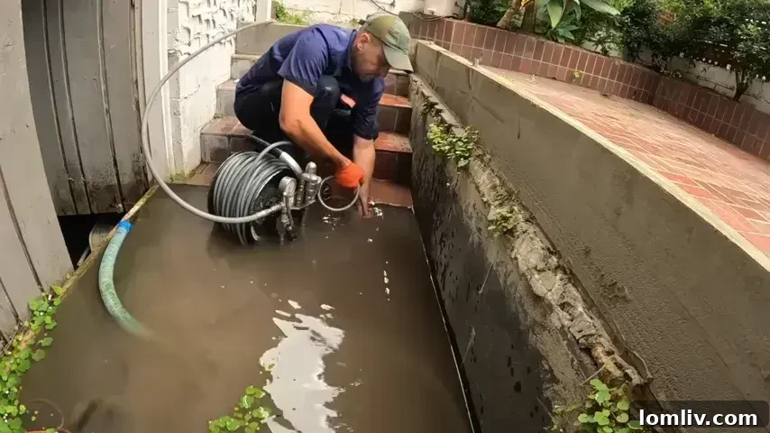 A plumber inspecting a drain for blockages.