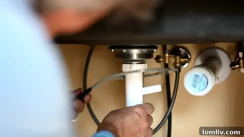 A sink with a drain strainer in place.