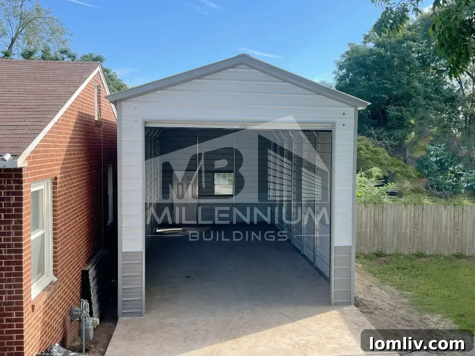 Metal garage building for car storage and workshop