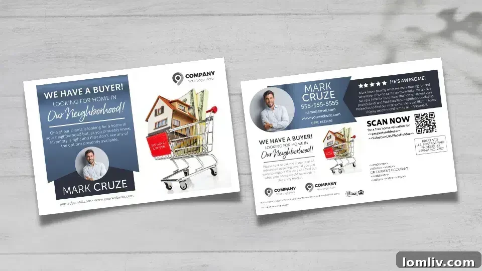 Real estate agent smiling and holding a customized postcard with their branding elements.