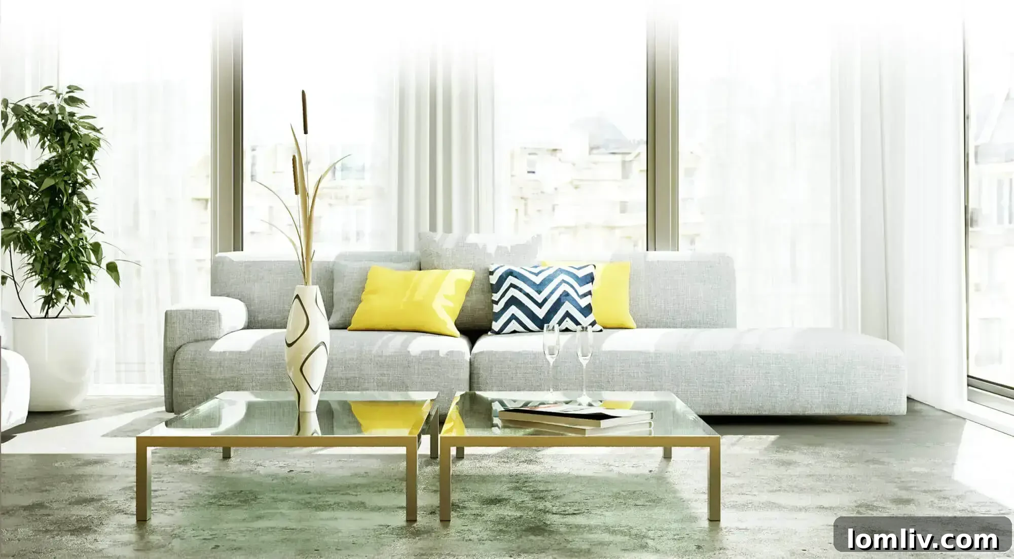 A stylish living room with a comfortable sofa, plants, and natural light, professionally staged to attract buyers.