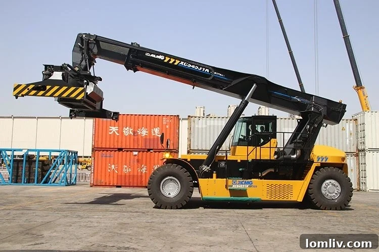 Finding the Best Value Container Stacker for Your Construction Business 2 XCMG XCS4531K 45-ton Reach Stacker operating in a port yard.