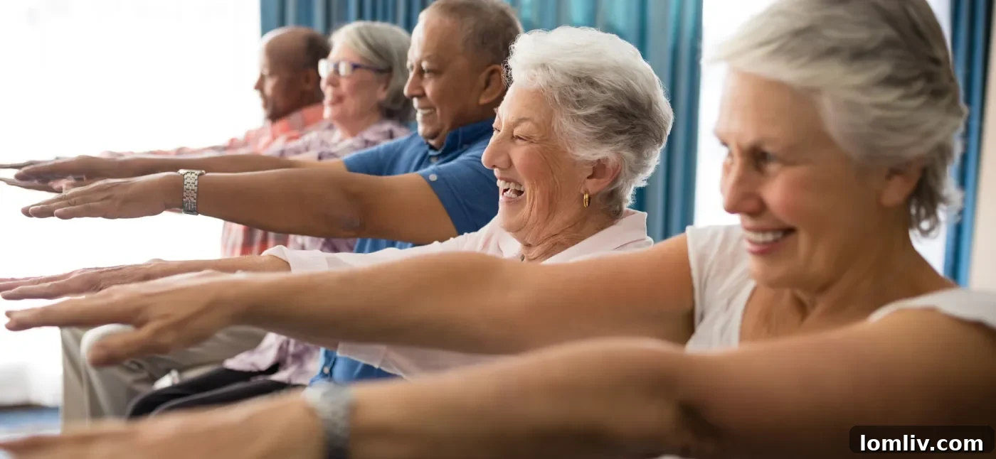 Seniors engaging in a group fitness class with a trainer, demonstrating active aging and community in Texas senior fitness programs.