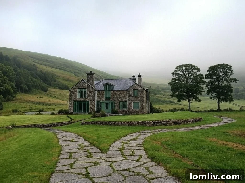 Traditional Irish country house nestled among green hills