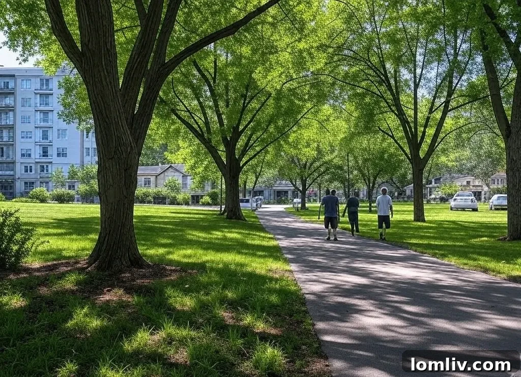 Vibrant street scene with cafes, shops, and green spaces, illustrating strong neighborhood amenities.