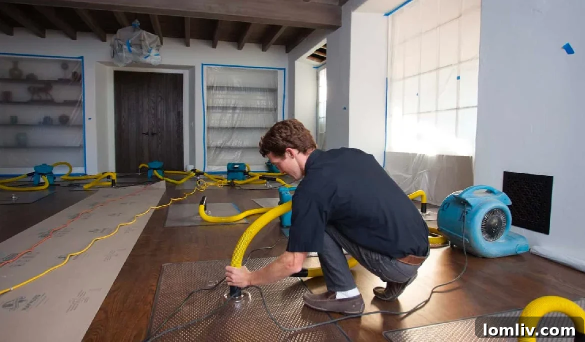 Water Restoration: Bringing Properties Back to Life 2 Professional water damage restoration team assessing a flooded room, highlighting expertise in emergency cleanup and drying.