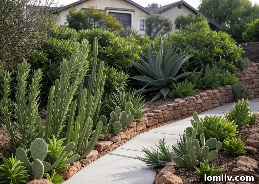 A beautifully xeriscaped garden featuring various drought-tolerant plants, rocks, and mulch, demonstrating modern xeriscaping