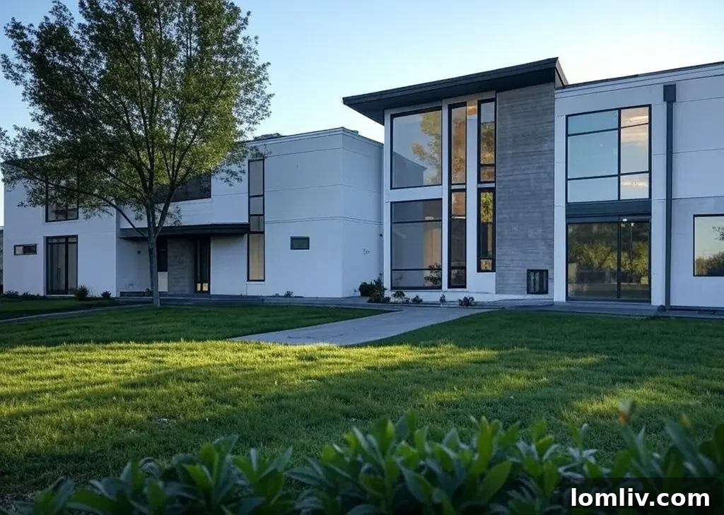 A modern home with a well-maintained, water-efficient landscape featuring smart irrigation systems