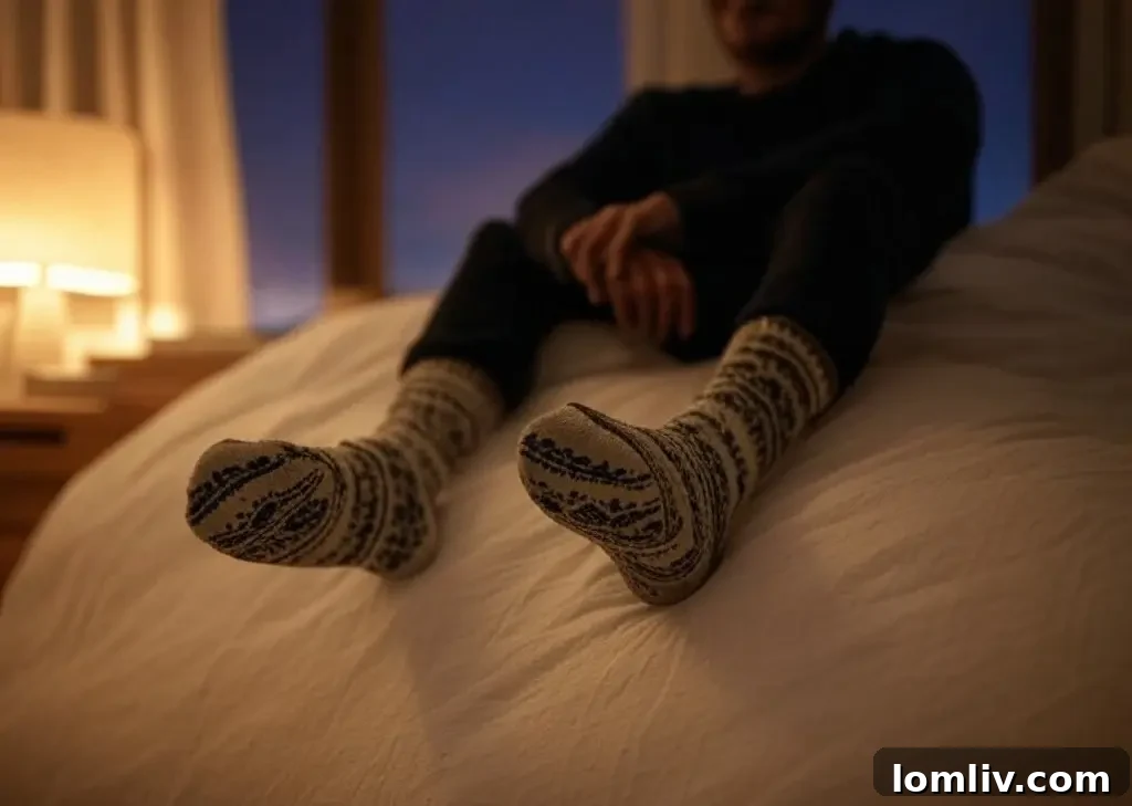 A person putting on soft, comfortable bedtime socks in a cozy bedroom setting.