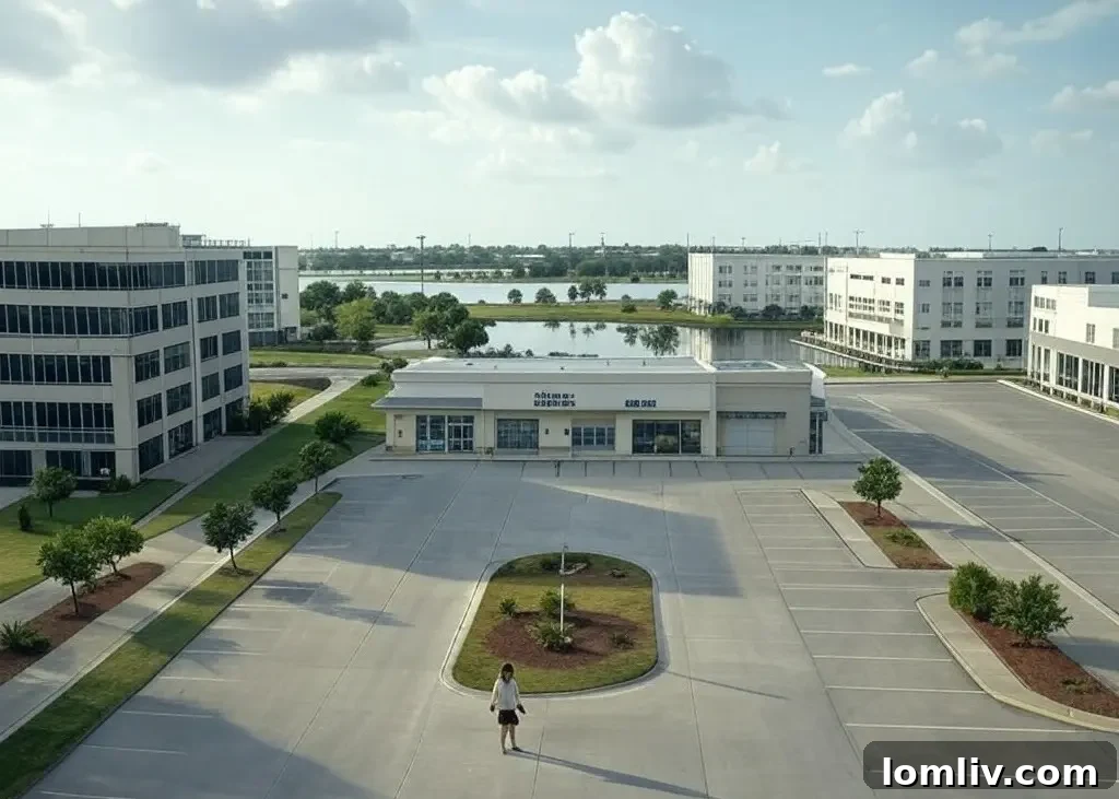Modern office buildings and retail spaces in a bustling Lake Charles commercial district.