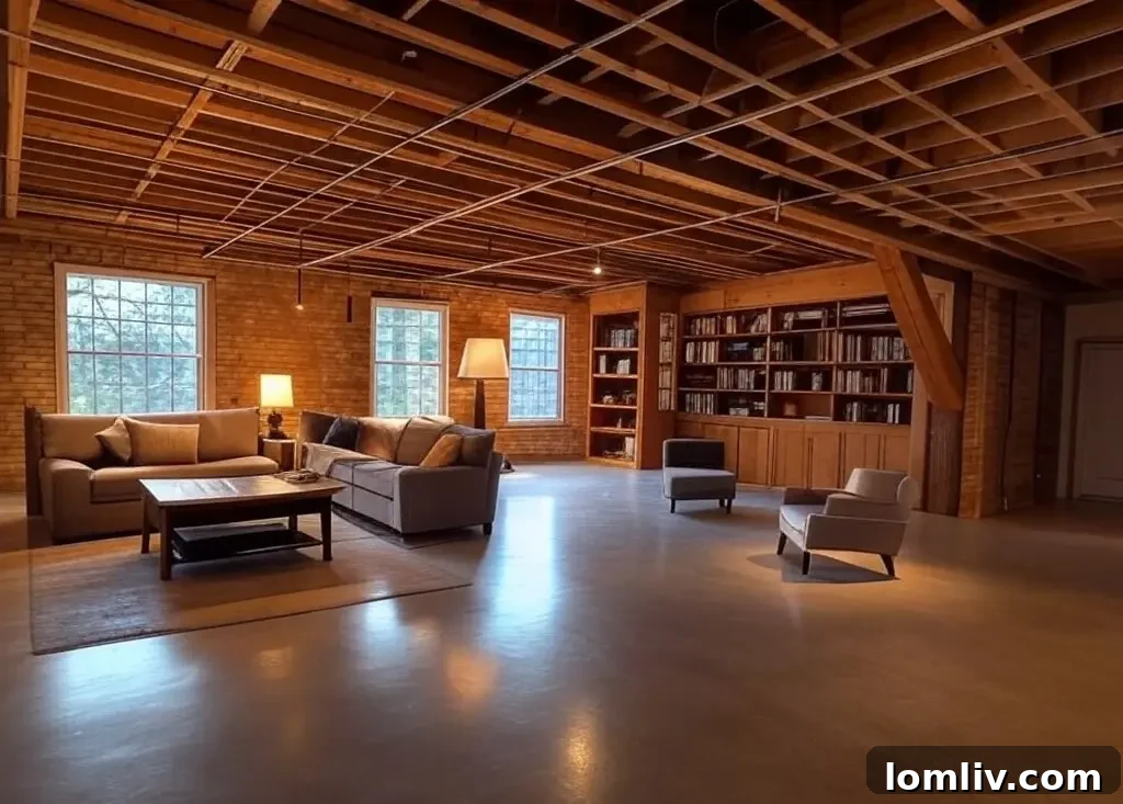Basement living room with modern decor and recessed lighting