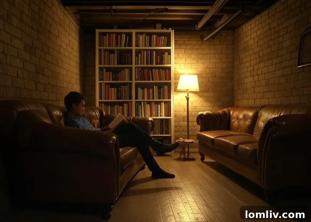 Modern basement home office with ample lighting