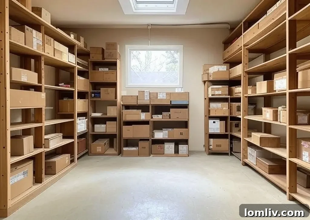 Built-in storage shelves and cabinets in a modern basement