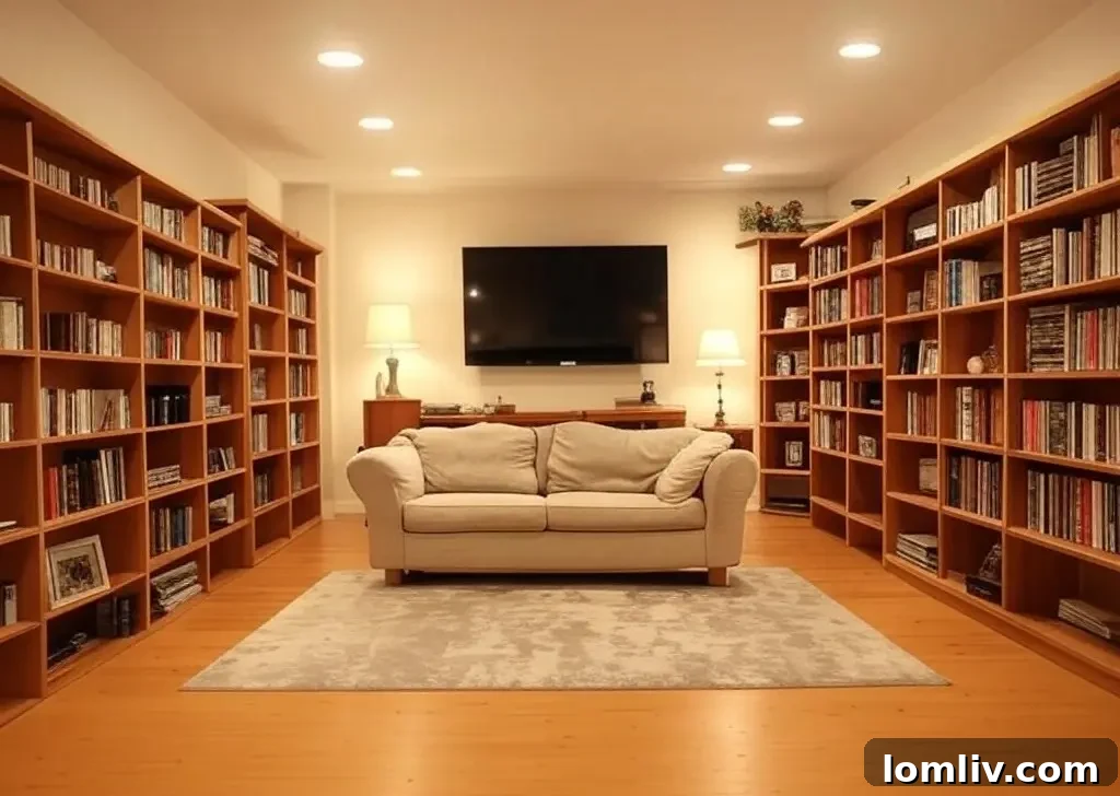 Home theater setup in a finished basement with comfortable seating