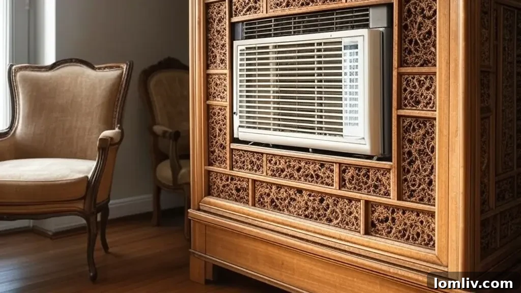 Decorative wooden screen hiding an AC unit in a garden