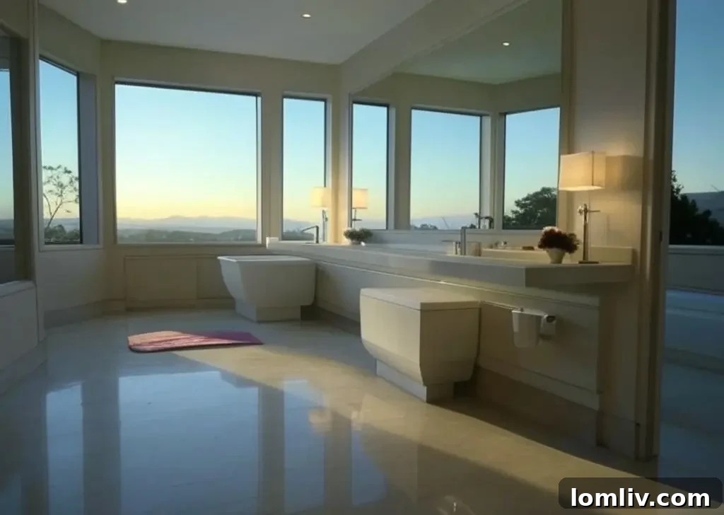 Bright small bathroom with large mirror and natural light