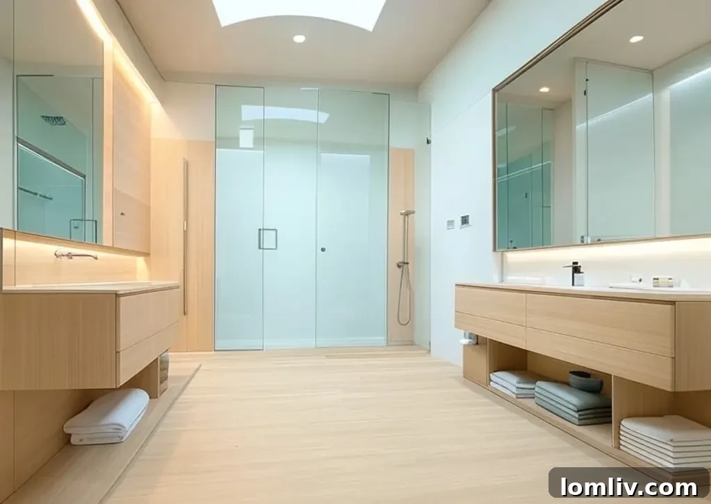 Organized small bathroom with wall-mounted shelves