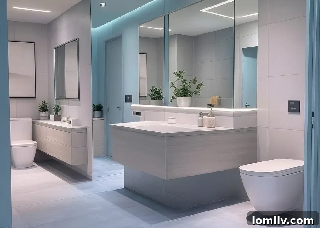 Modern small bathroom with frameless glass shower and large tiles