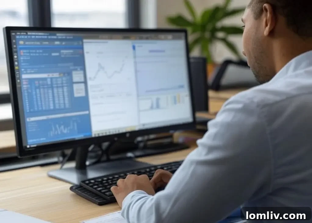 Real estate professional reviewing accurate payroll calculations on a computer screen, highlighting the importance of payroll software for diverse teams.