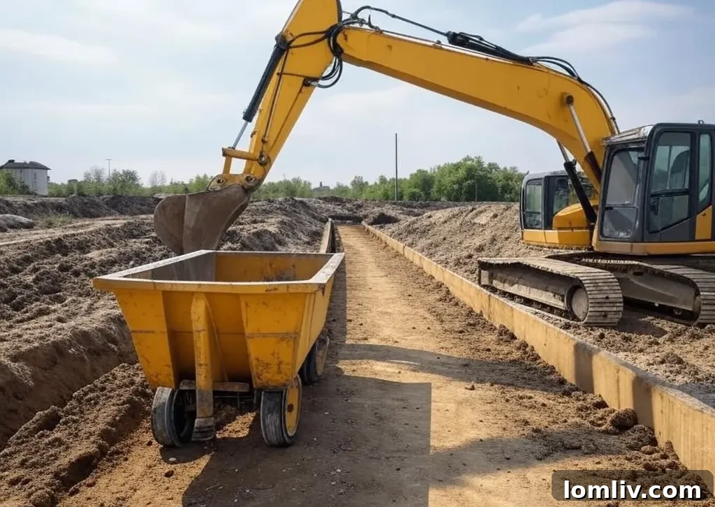 A well-graded construction site with effective drainage channels preventing water accumulation and erosion.