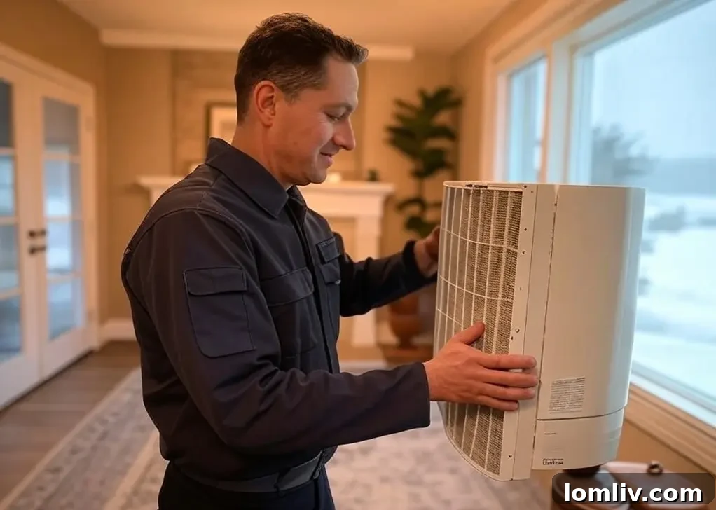 Homeowner replacing an air filter in a furnace, emphasizing DIY maintenance.