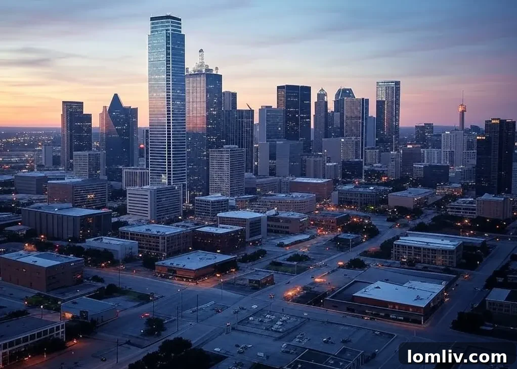 Dallas skyline at sunset, showcasing modern luxury architecture