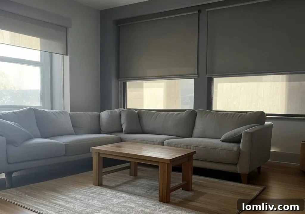 Redefining Daily Living with Automated Window Treatments 2 Modern living room with motorized shades partially open, letting in natural light.