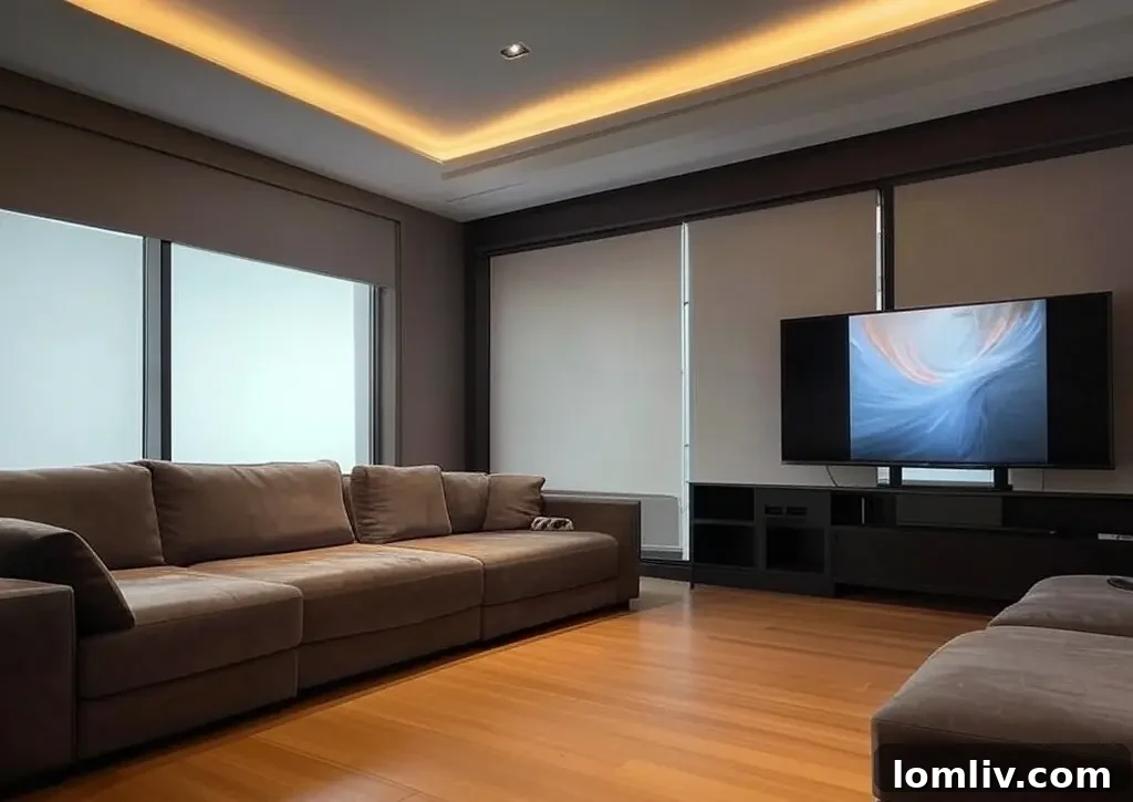 Redefining Daily Living with Automated Window Treatments 9 Home theater room with motorized blackout shades closed for optimal viewing.