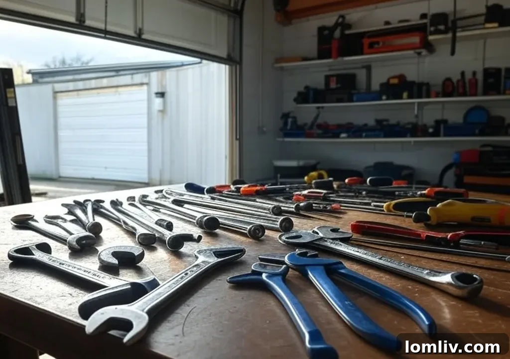 Professional Garage Door Services: An Investment in Quality and Safety 5 Professional garage door tools laid out, showcasing specialized equipment.