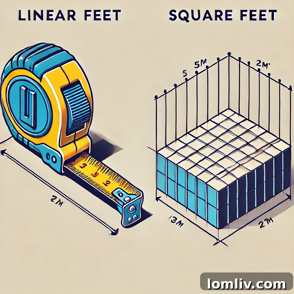 A person using a tape measure to calculate linear feet and square feet for a home renovation project.
