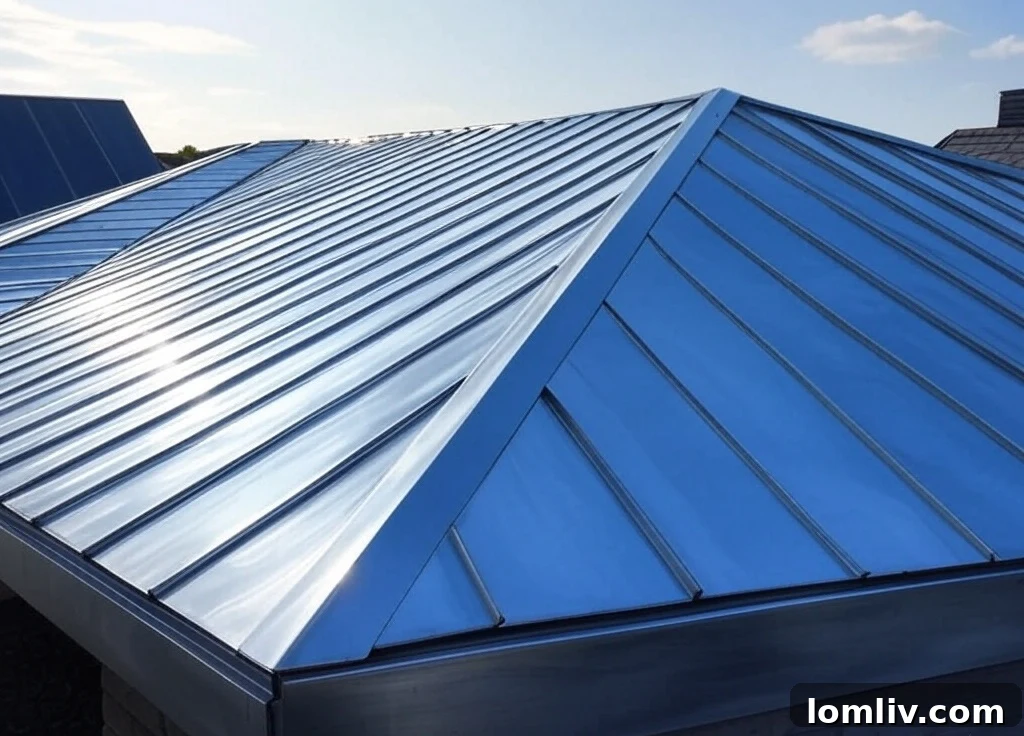 A modern home with a sleek grey metal roof, showcasing its reflective surface under a bright sky.