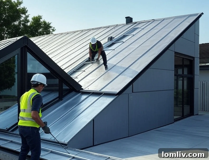 Skilled roofing professionals installing a metal roof with precision and attention to detail.