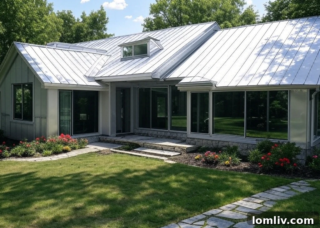 A lush green landscape with a home featuring a sustainable metal roof, emphasizing eco-friendly living.