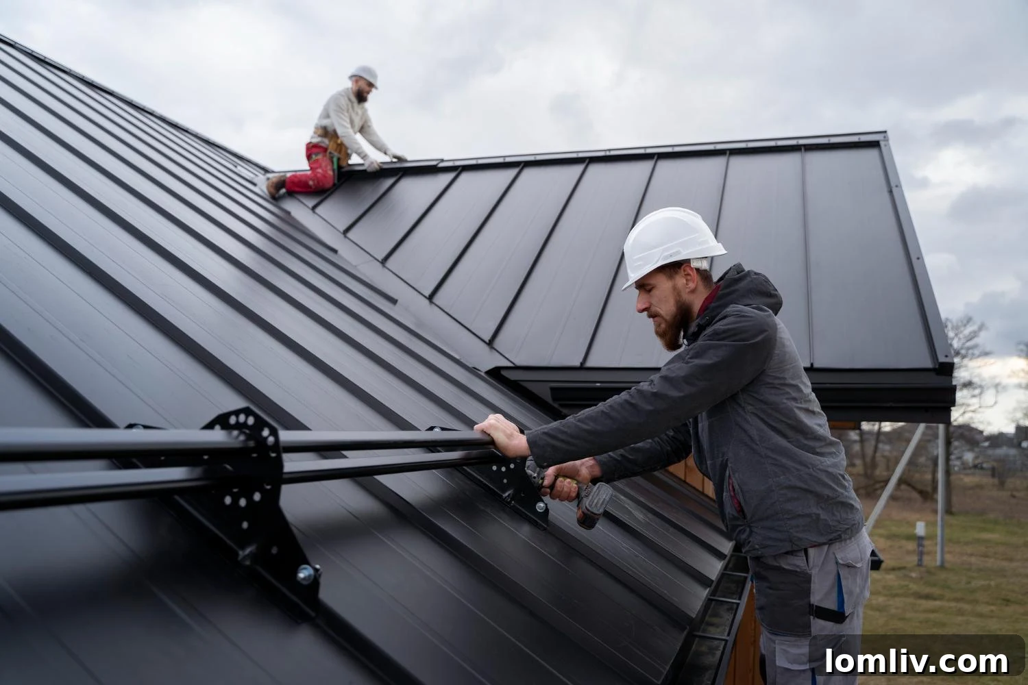 Storm clouds gathering over a residential roof, highlighting the need for robust roof and gutter protection.