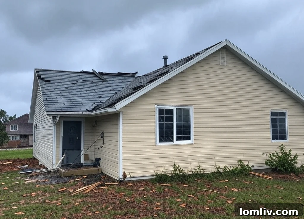 Close-up of a damaged roof shingle after a storm, illustrating the destructive power of strong winds and hail.