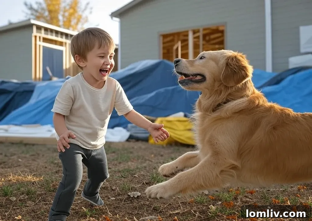 Child and pet playing safely away from construction.