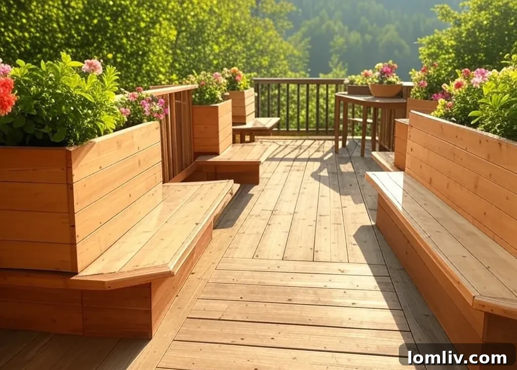Beautifully customized deck with various built-in features, including seating and planters