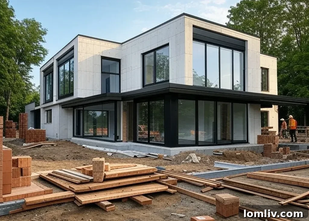 A custom home under construction, emphasizing the foundational stages of building.