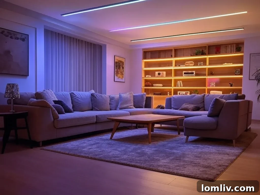 7 Smart Upgrades for Lexington Homeowners to Enhance Comfort and Property Value 5 A modern living room brightly lit with recessed LED lights and natural light from a window.